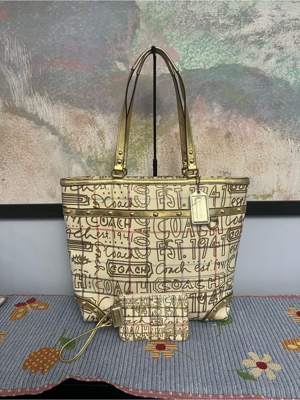 Coach 2009 Heritage Tattersall Graffiti  Golden Tote Bag & Matching Wristlet